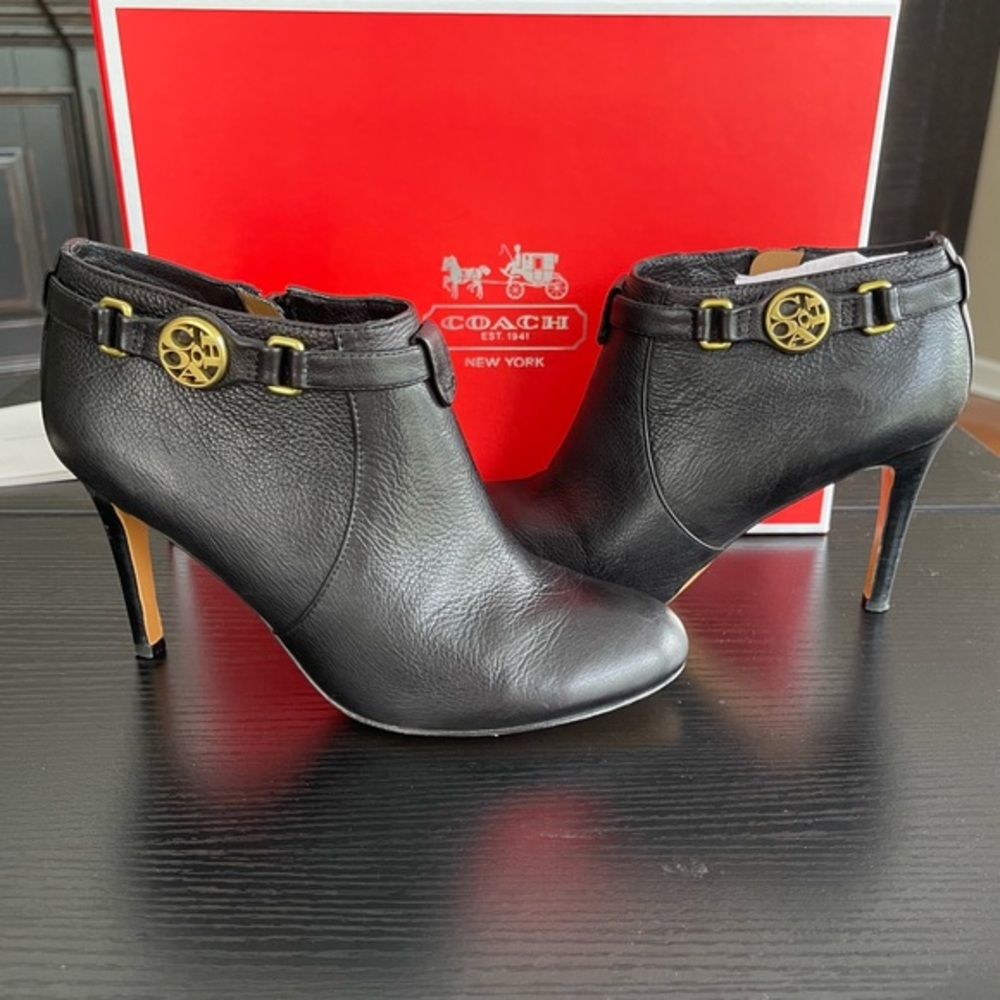 Coach Salene Cow Safari Black Leather Zip Up Ankle Booties Size 6 Almond Toe